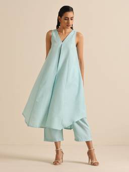 trueBrowns - Sky Blue Slub Sleeveless Flared Kurta Pant (Set of 2)