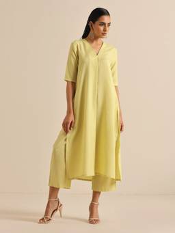 trueBrowns - Spark Green Slub High Slit Kurta Pant (Set of 2)