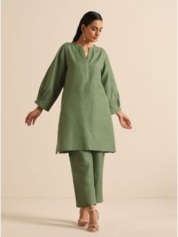 trueBrowns - Olive Green Slub Relaxed Placket Co-Ord (Set of 2)
