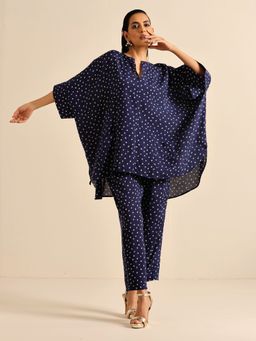 trueBrowns - Blue Bandhani Silk Printed Boxy Fit Kaftan (Set of 2)