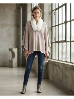 Pierre Carlo - Women's Poncho with Fur Self Design Brown Sweater