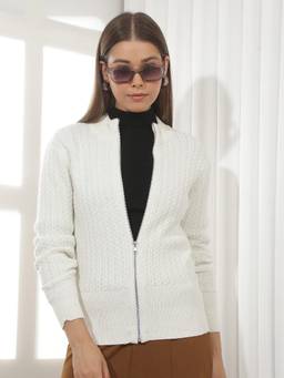 CRIMSOUNE CLUB - Women's Off White Jacquard Mock Neck Self Design Sweater