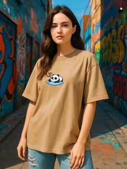 HAZUKU - Women's Beige Printed Oversized T-shirt