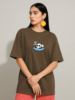 HAZUKU - Women's Light Brown Printed Oversized T-shirt