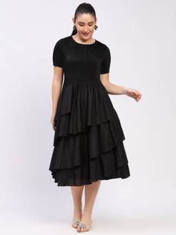 Global Republic - Women's Polyester Pleated Black Midi Dress