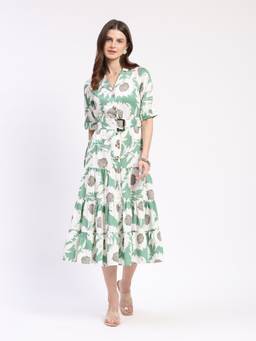 Global Republic - Women's Cotton Satin Floral Green Midi Dress
