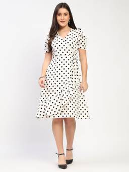 Global Republic - Women's Polyester Polka Dots White Knee Length Dress