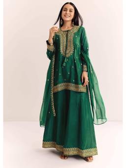 NEEL ART - Green Sequined Kurti Palazzo with Dupatta.