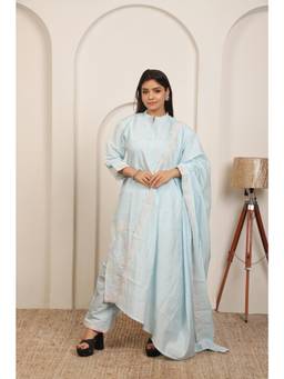 NEEL ART - Ice Blue Cotton Blend Kurta Pant with Dupatta.
