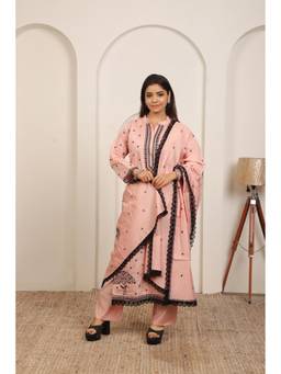 NEEL ART - Peach Cotton Blend Kurta Pant with Dupatta.