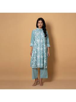Kameez - Pale Turquoise Embroidered Chanderi Kurta Set