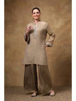 TAHILIYA - Brown Crinkled Tissue Silk Kurti and Palazzo Co-Ord Set
