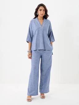 Femmella - Blue Lace Detail Chambray Co-Ord Set