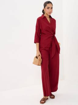 Femmella - PaperLite Poplin Red Wrap Co-ord Set