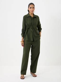 Femmella - Olive Twill Tie-Up Shirt Co-Ord Set