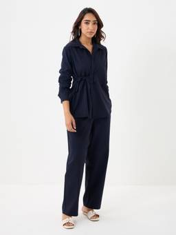 Femmella - Navy blue Twill Tie-Up Shirt Co-Ord Set