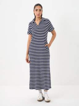 Femmella - Navy Blue Cotton Stripe Dress