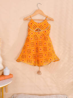 Little Panda - Orange Bandhani-Inspired Doria Flared Dress