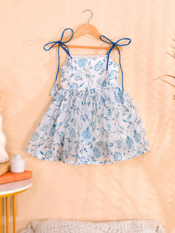 Little Panda - Sky Blue Floral Kota Doria Strap Flared Dress