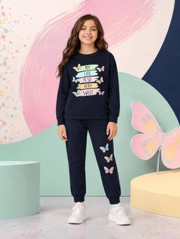 Nusyl - Girl Navy Blue Butterfly Printed Co-ord Set