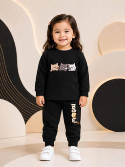 Nusyl - Girl Black Cat Printed Co-ord Set