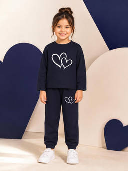 Nusyl - Girl Navy Blue Heart Printed Co-ord Set