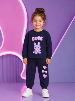 Nusyl - Girl Navy Blue Cute Printed Co-ord Set