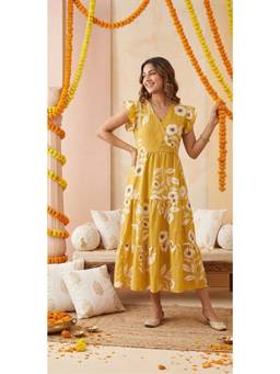 Cloth Bites - Women's Mustard Yellow Floral Print V-Neck Dress