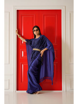 Tikhi Imli - Navy Blue Velvet & Satin Kaftan Saree with Unstitched Blouse