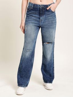 Bene Kleed - Womens Straight Fit High-Rise Slash Knee Medium Fade Jeans