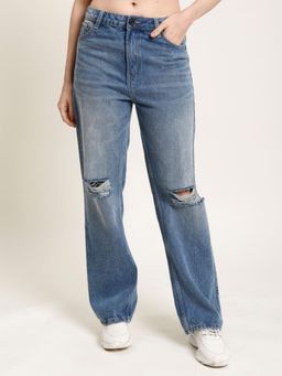 Bene Kleed - Womens Classic Straight Fit Slash Knee Pure Cotton Light Fade Jeans