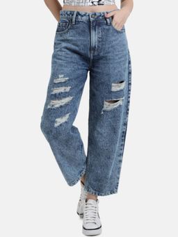 Bene Kleed - Womens Relaxed Fit High-Rise Pure Cotton Distressed Jeans