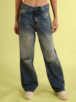 Bene Kleed - Womens Classic Relaxed Fit Slash Knee Heavy Fade Pure Cotton Jeans