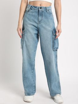 Bene Kleed - Womens Relaxed Fit High-Rise Clean Look Light Fade Pure Cotton Cargo Jeans