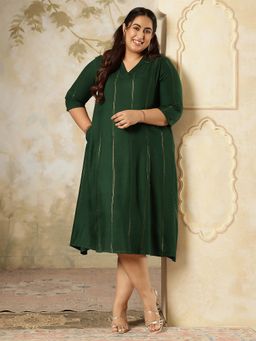 Amydus - Plus Size Emerald Green Golden Pin Stripe Dress