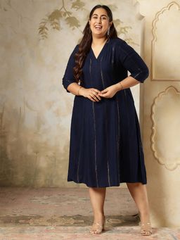 Amydus - Plus Size Navy Blue Golden Pin Striped Dress