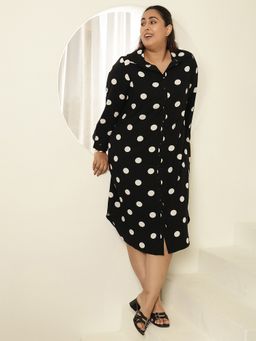 Amydus - Plus Size Black Polka Print Shirt Dress