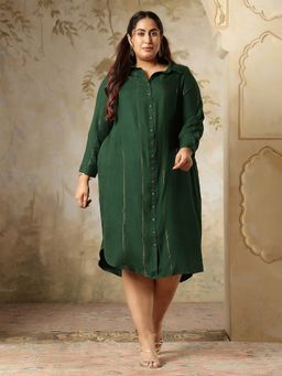 Amydus - Plus Size Emerald Green Golden Pin Striped Shirt Dress