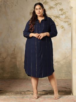 Amydus - Plus Size Navy Blue Golden Pin Striped Shirt Dress