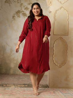 Amydus - Plus Size Maroon Golden Pin Striped Shirt Dress