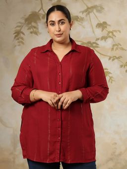 Amydus - Plus Size Maroon Striped Longline Shirt