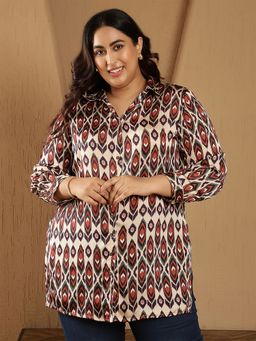 Amydus - Plus Size Beige Printed Longline Satin Shirt