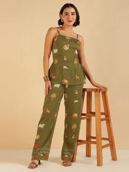 Deebaco - Women Olive Green Animal Border Printed Co-Ord Set