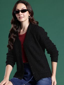 CAYMAN - Black Women Cable Knit Woollen Cardigan