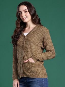 CAYMAN - Brown Cable Knit V-Neck Woollen Cardigan