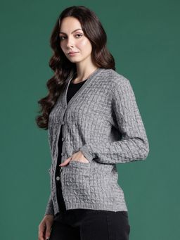 CAYMAN - Grey Cable Knit V-Neck Woollen Cardigan