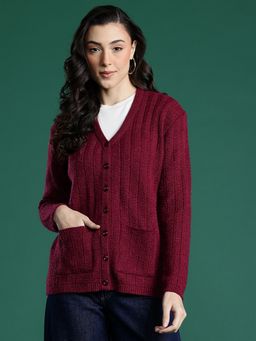 CAYMAN - Maroon Self Striped V-Neck Woollen Cardigan