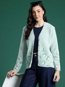 CAYMAN - Green Floral Self-Design Woolen Button-Down Cardigan with Embellished Detail
