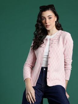 CAYMAN - Pink Geometric Self-Design Woolen Button-Down Cardigan with Embellished Detail