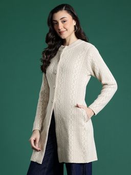 CAYMAN - Beige Geometric Self-Design Woolen Button-Down Cardigan